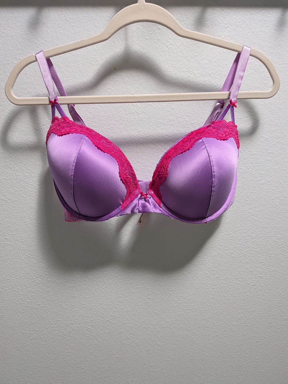 Victoria's Secret Purple Satin Push-Up Bra with Hot Pink Lace 36DD